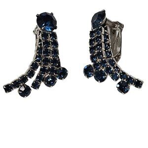 Vintage Elegant Blue Rhinestone Clip On Drop Earrings Silver Tone Retro Fashion